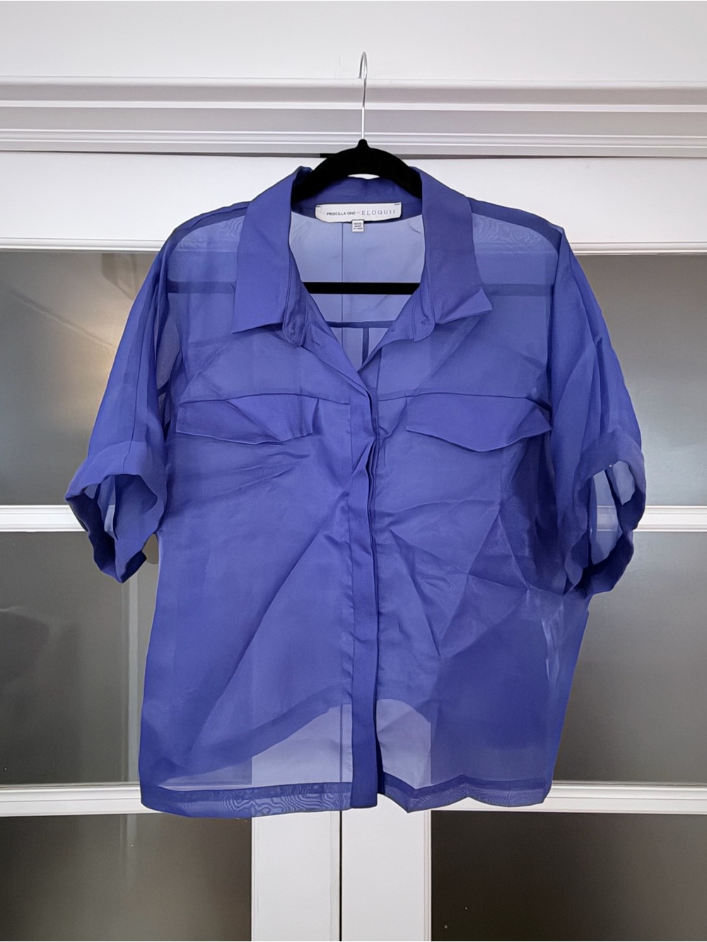 Sheer Short-Sleeve Button Front Top in Periwinkle Blue - Priscilla Ono x Eloquii